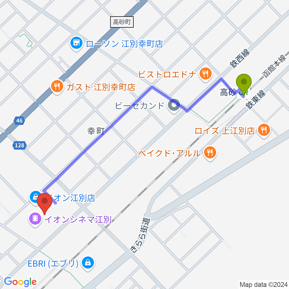 高砂駅からイオンシネマ江別へのルートマップ地図