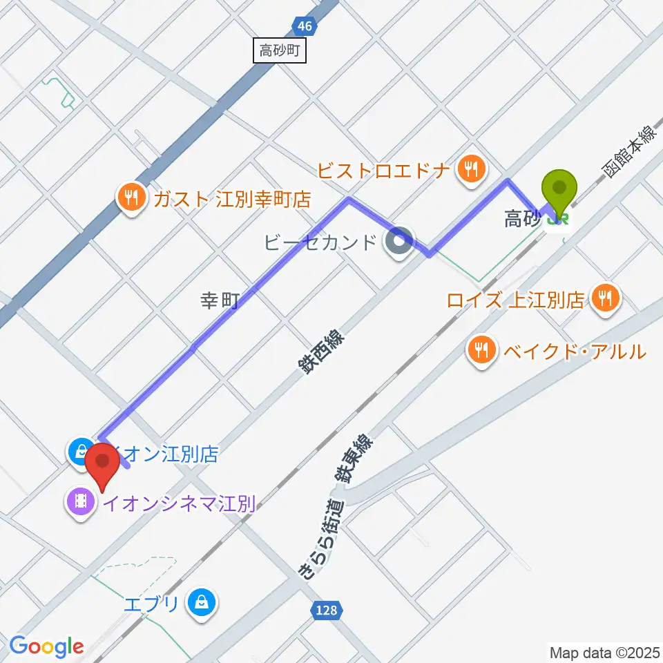 高砂駅からイオンシネマ江別へのルートマップ地図