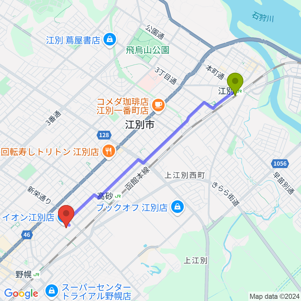 江別駅からイオンシネマ江別へのルートマップ地図