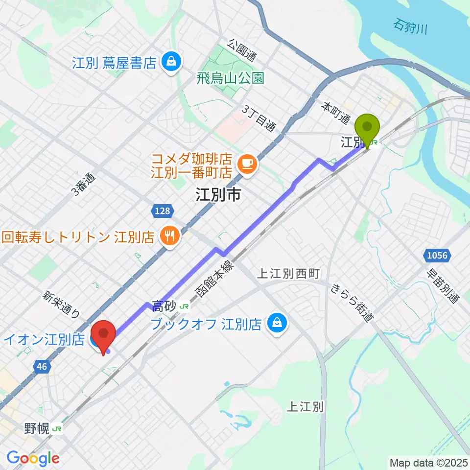 江別駅からイオンシネマ江別へのルートマップ地図