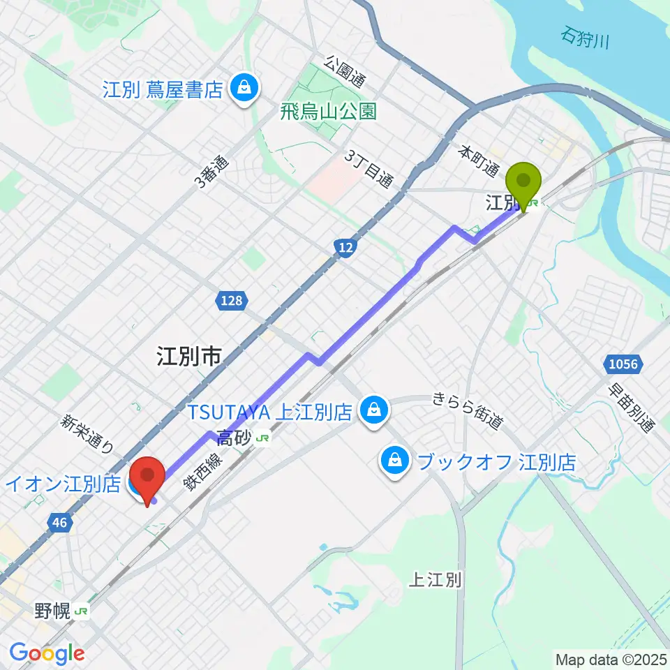 江別駅からイオンシネマ江別へのルートマップ地図
