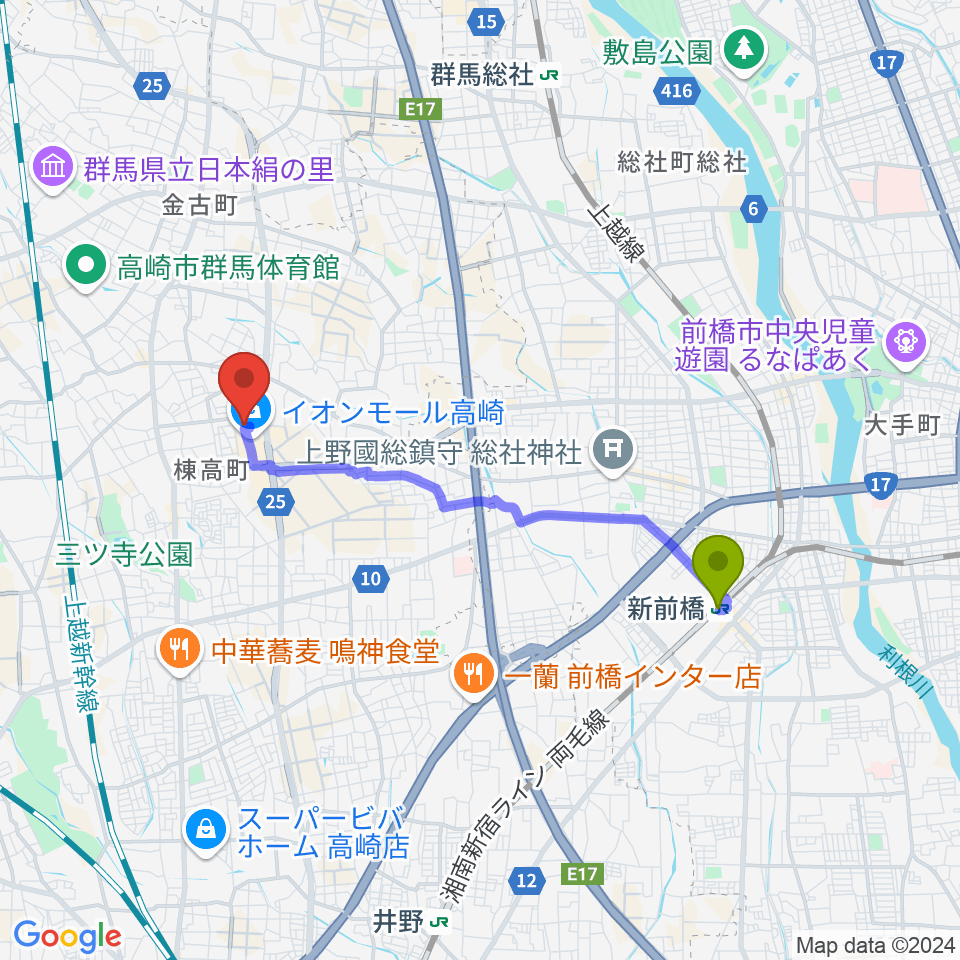 新前橋駅からイオンシネマ高崎へのルートマップ Mdata