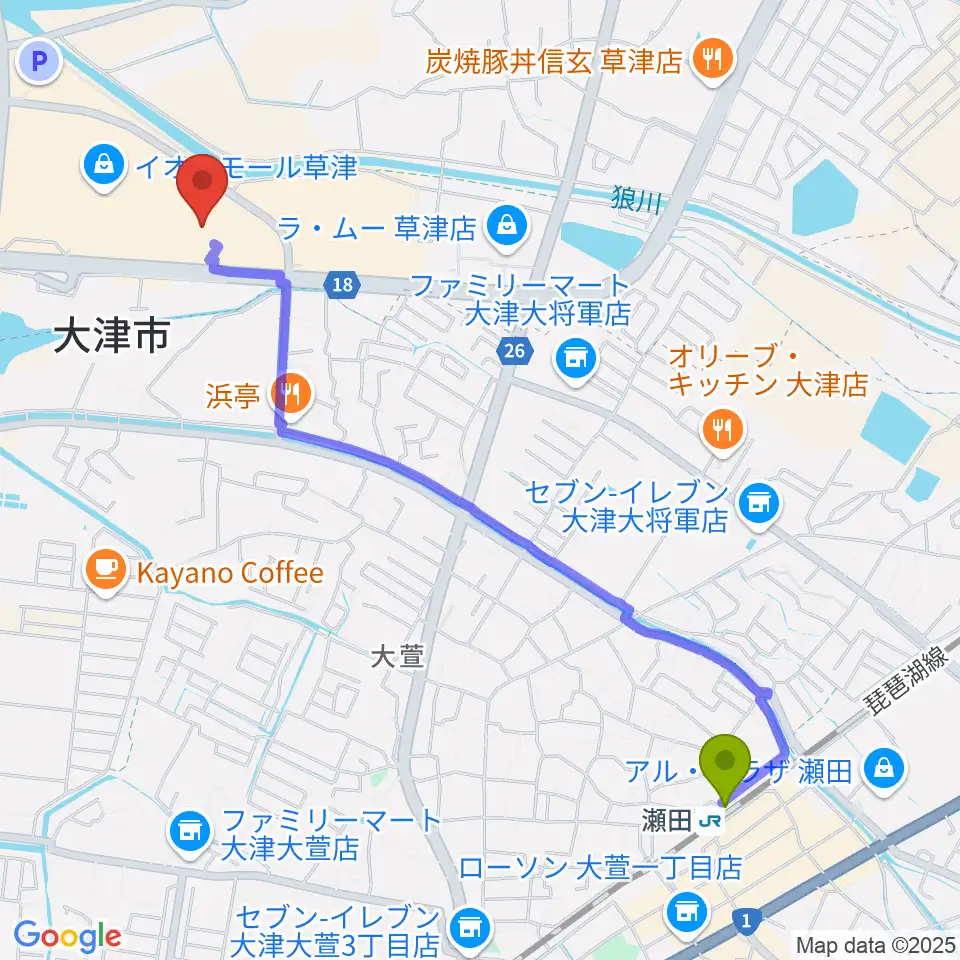 イオンシネマ草津の最寄駅瀬田駅からの徒歩ルート（約25分）地図