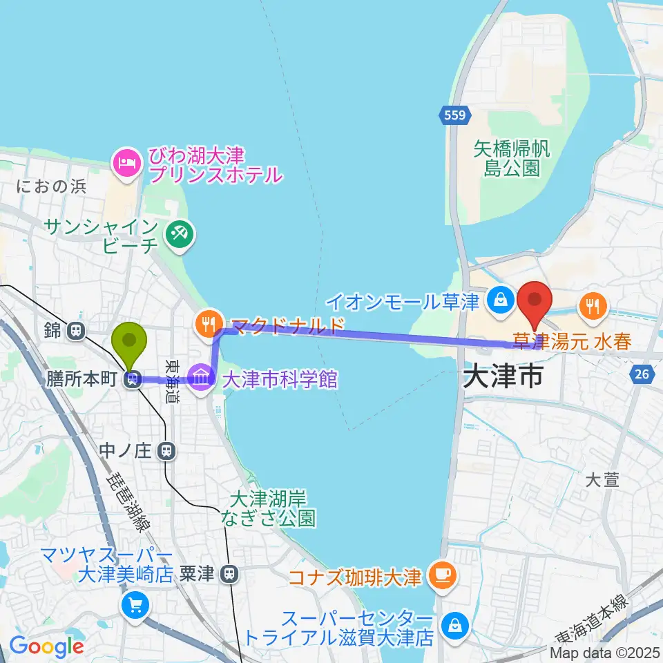 膳所本町駅からイオンシネマ草津へのルートマップ Mdata