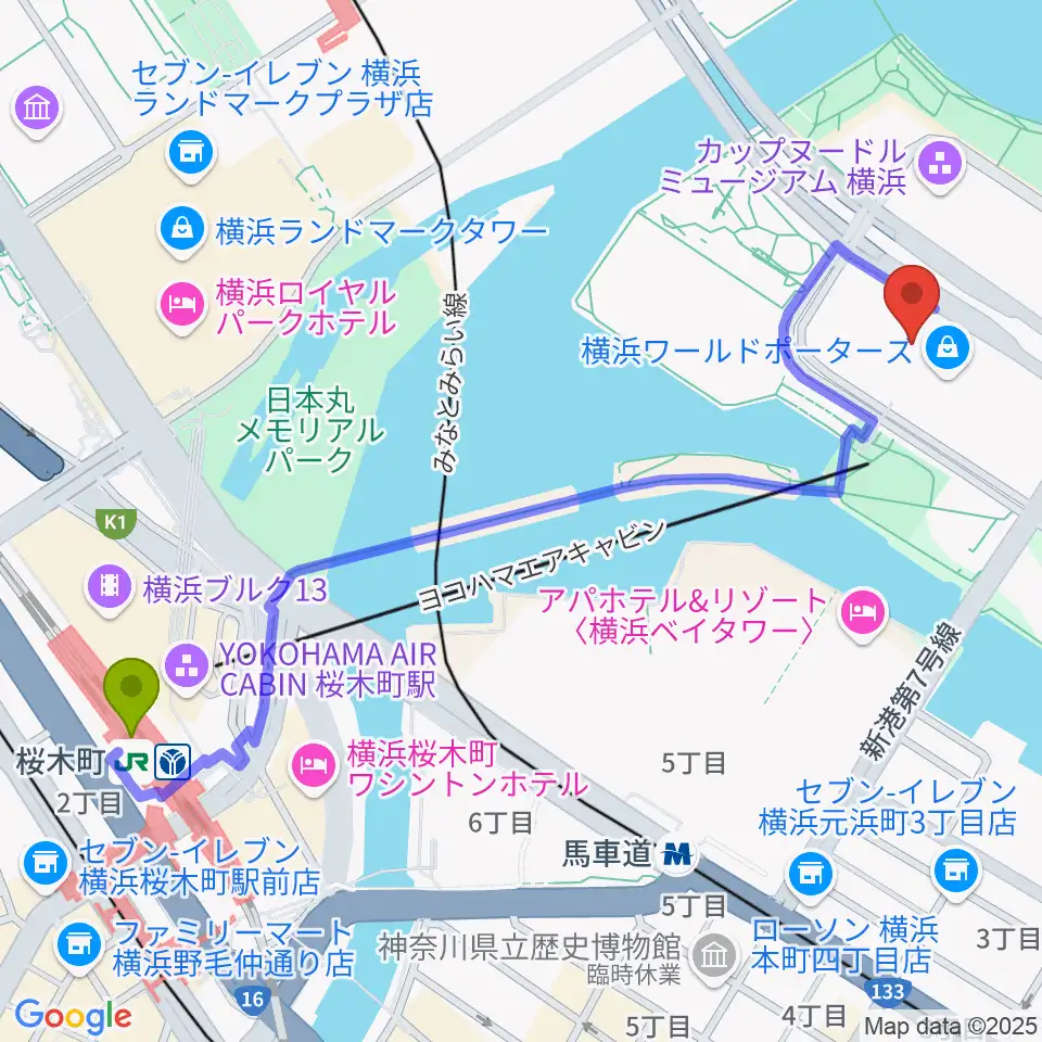 桜木町駅からイオンシネマみなとみらいへのルートマップ地図