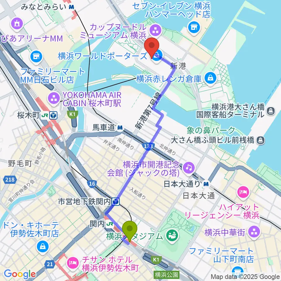 関内駅からイオンシネマみなとみらいへのルートマップ地図