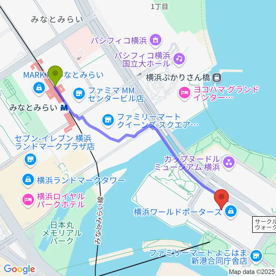 みなとみらい駅からイオンシネマみなとみらいへのルートマップ地図