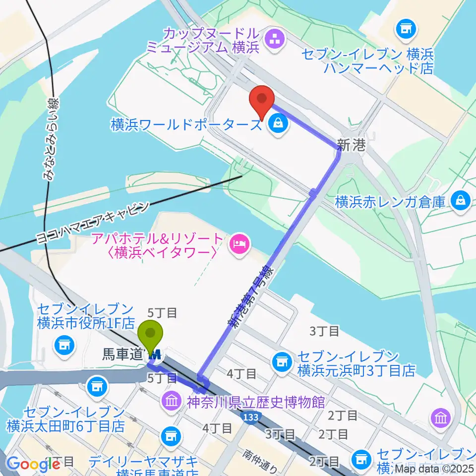 イオンシネマみなとみらいの最寄駅馬車道駅からの徒歩ルート（約8分）地図