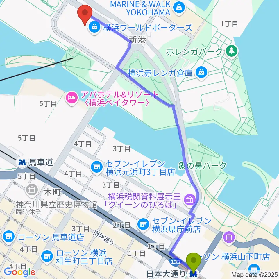 日本大通り駅からイオンシネマみなとみらいへのルートマップ地図