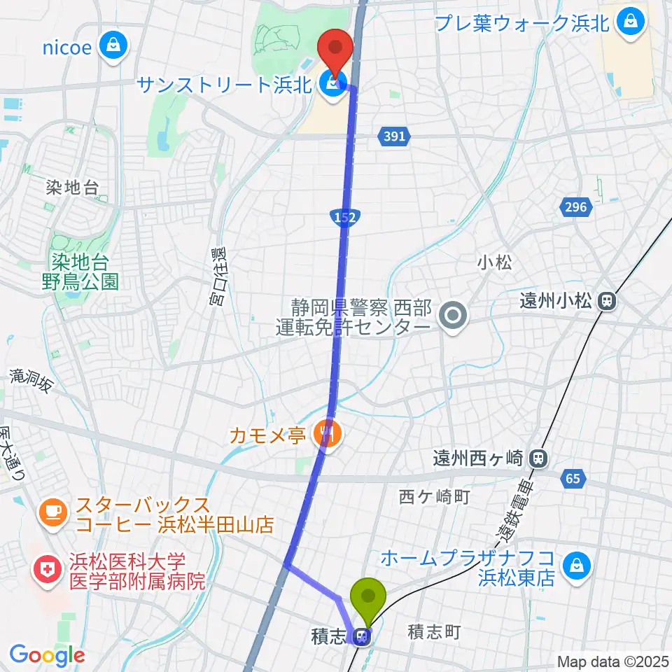 積志駅からTOHOシネマズサンストリート浜北へのルートマップ地図