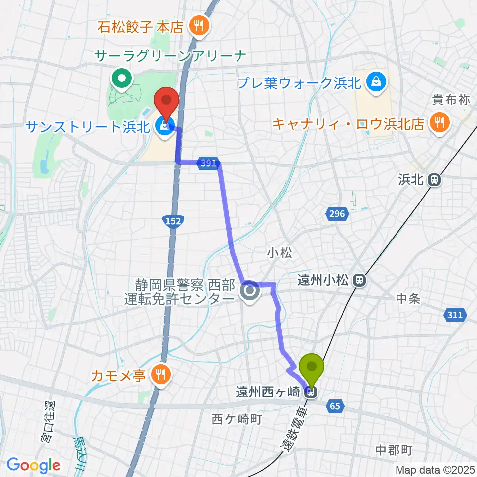 遠州西ヶ崎駅からTOHOシネマズサンストリート浜北へのルートマップ地図