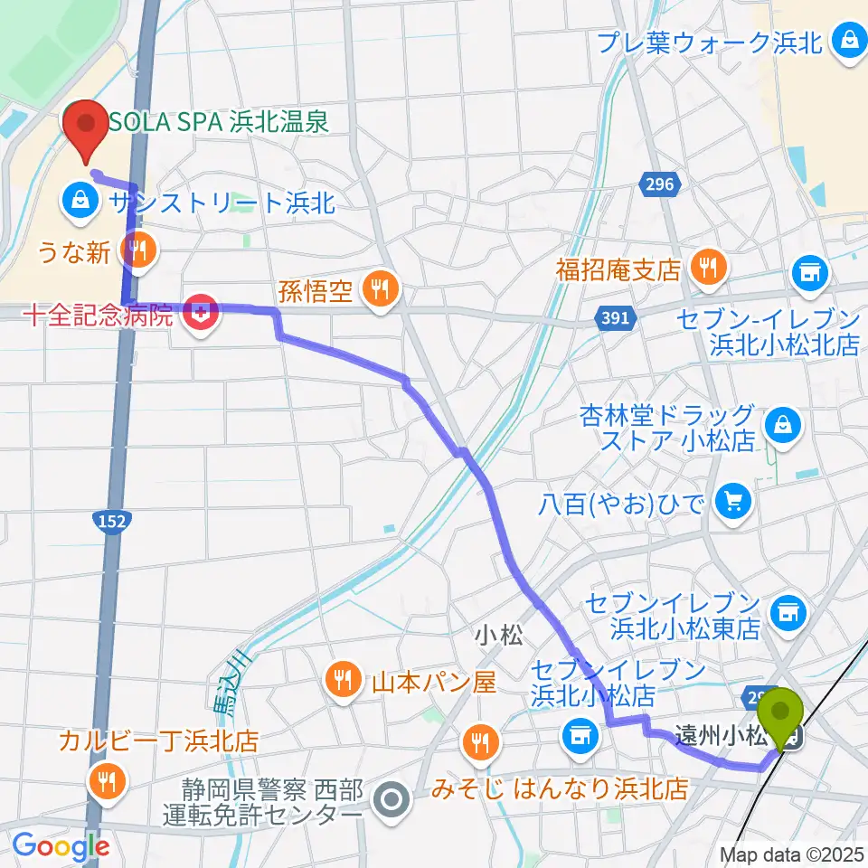 TOHOシネマズサンストリート浜北の最寄駅遠州小松駅からの徒歩ルート（約33分）地図