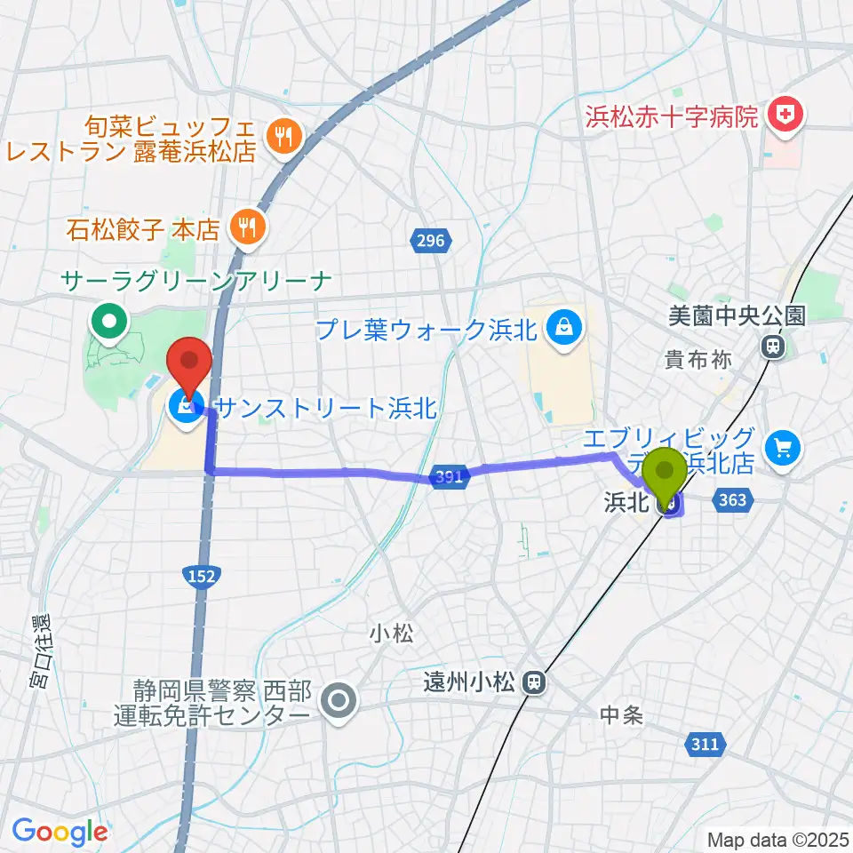 浜北駅からTOHOシネマズサンストリート浜北へのルートマップ地図