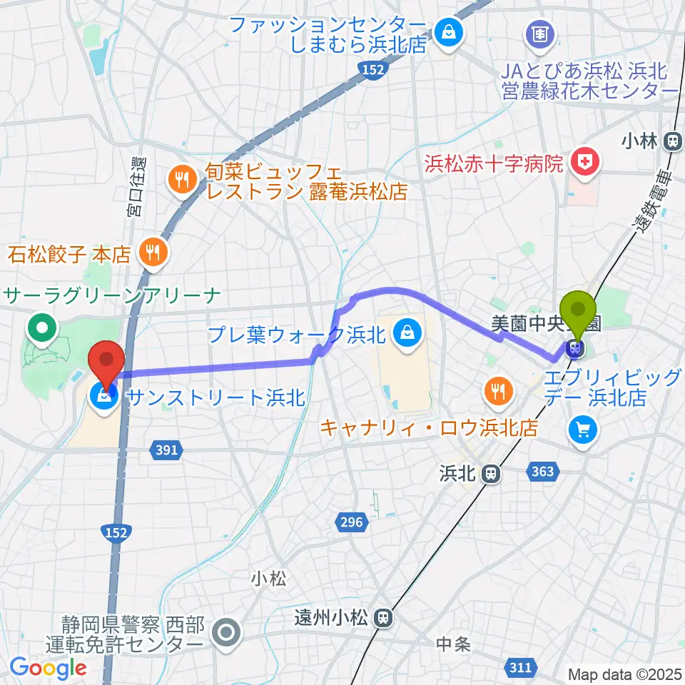 美薗中央公園駅からTOHOシネマズサンストリート浜北へのルートマップ地図