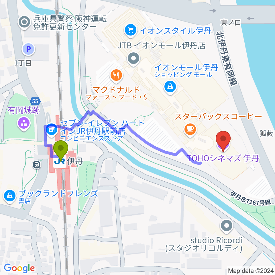 TOHOシネマズ伊丹の最寄駅伊丹駅からの徒歩ルート（約5分）地図