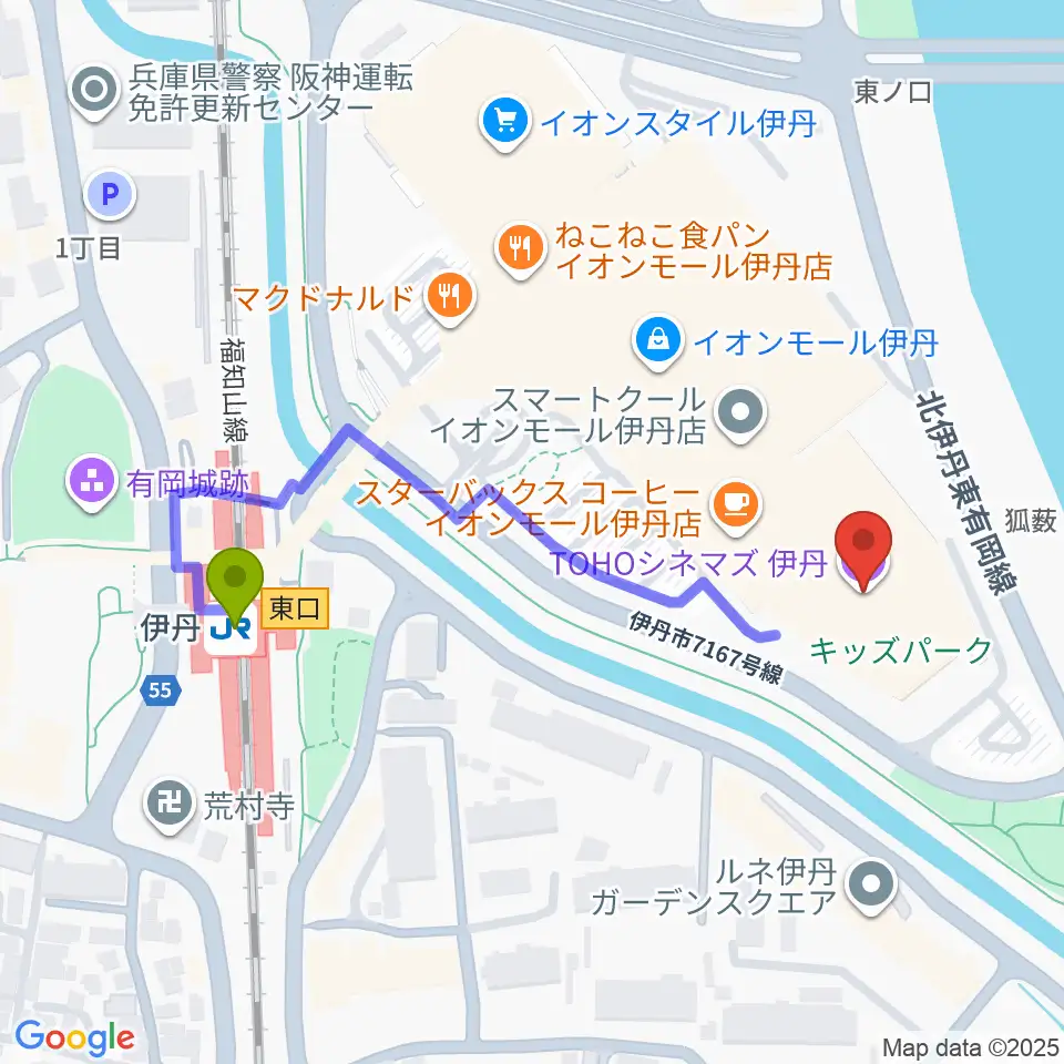 TOHOシネマズ伊丹の最寄駅伊丹駅からの徒歩ルート（約5分）地図