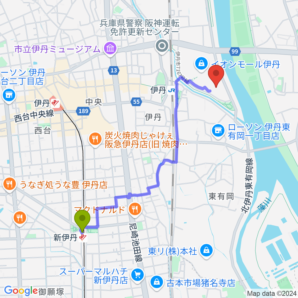 新伊丹駅からTOHOシネマズ伊丹へのルートマップ地図