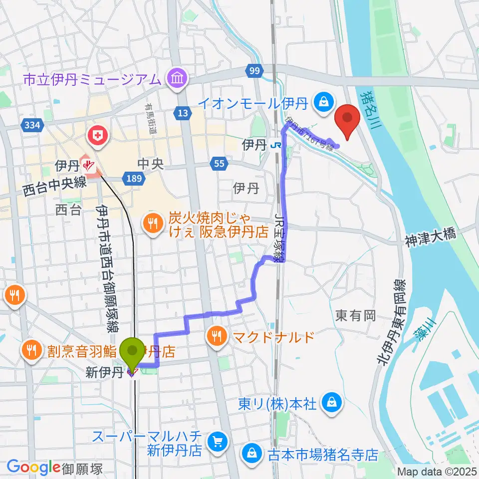 新伊丹駅からTOHOシネマズ伊丹へのルートマップ地図