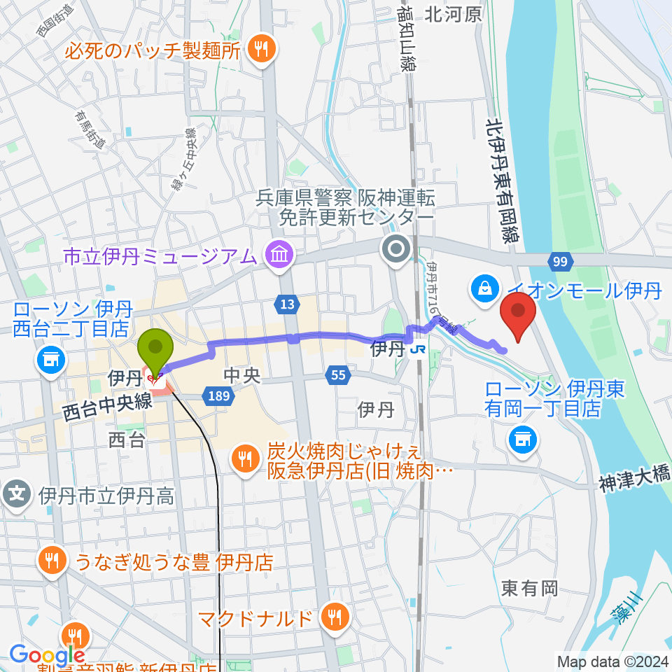 伊丹駅からTOHOシネマズ伊丹へのルートマップ地図