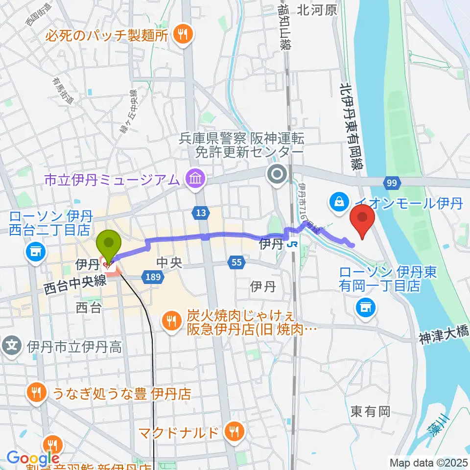 伊丹駅からTOHOシネマズ伊丹へのルートマップ地図