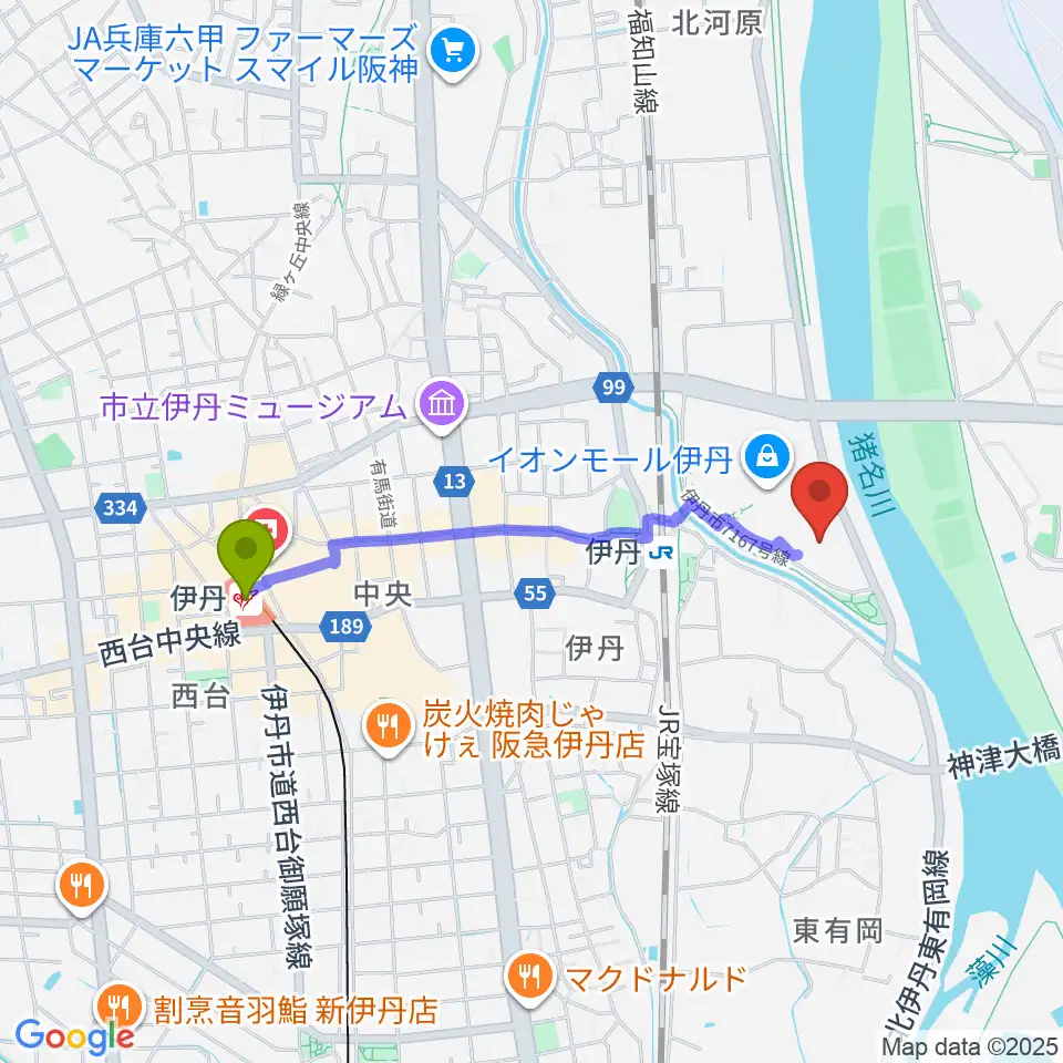 伊丹駅からTOHOシネマズ伊丹へのルートマップ地図