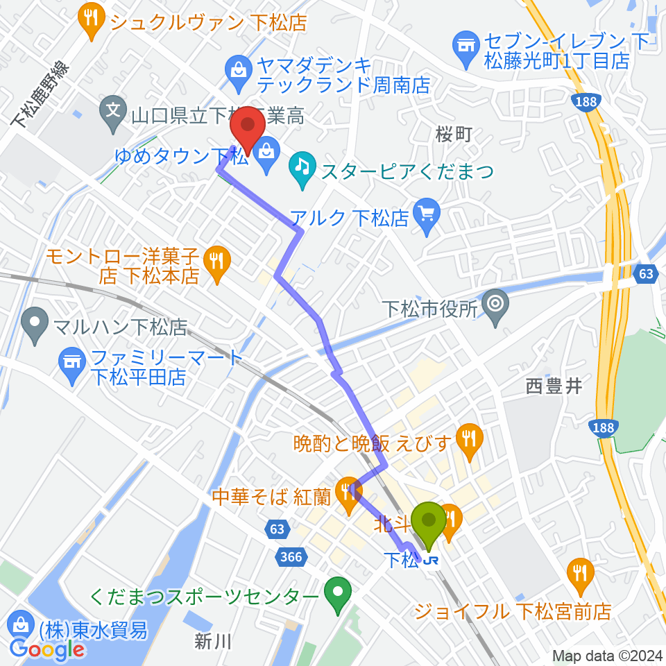 MOVIX周南の最寄駅下松駅からの徒歩ルート（約21分）地図