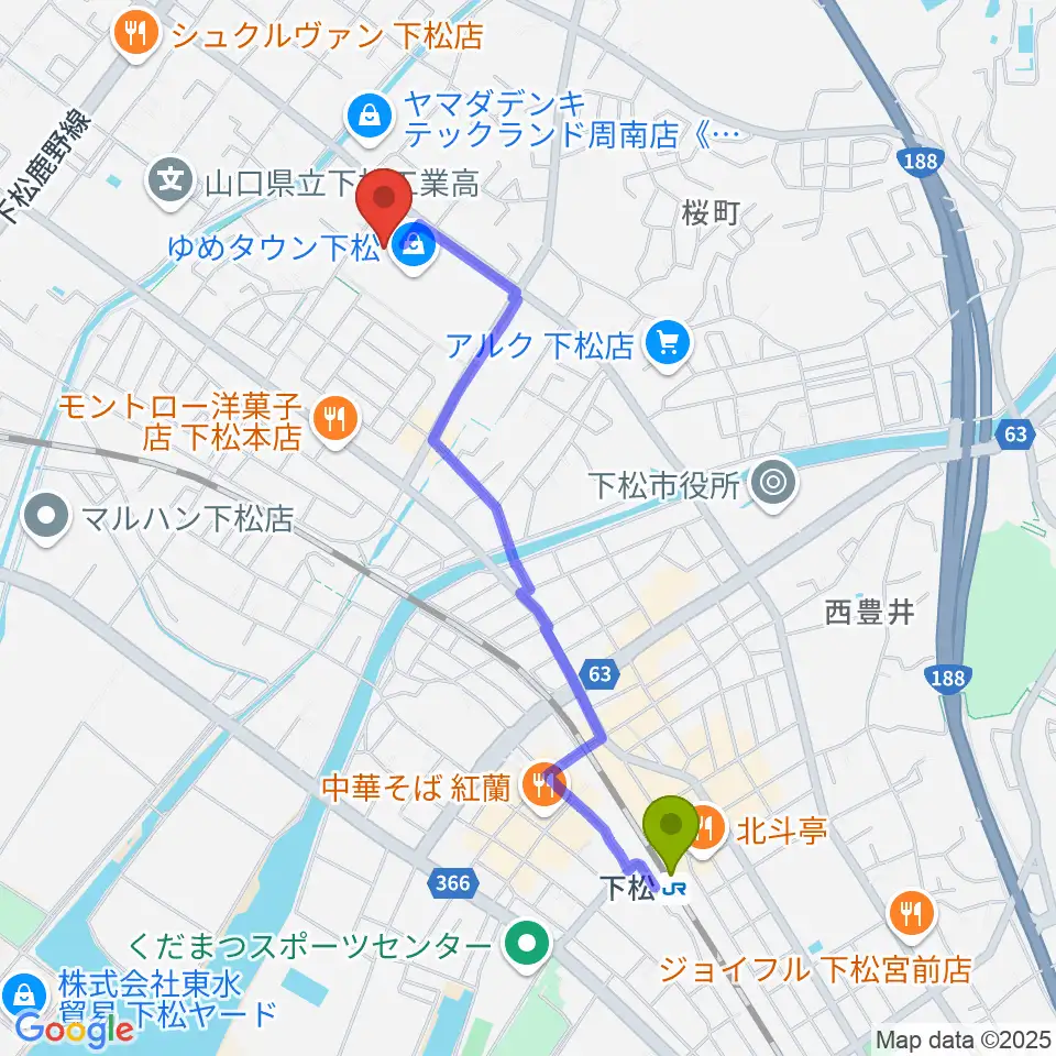 MOVIX周南の最寄駅下松駅からの徒歩ルート（約21分）地図