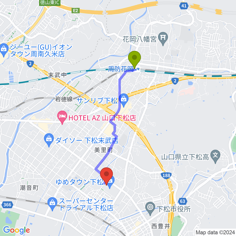 周防花岡駅からMOVIX周南へのルートマップ地図