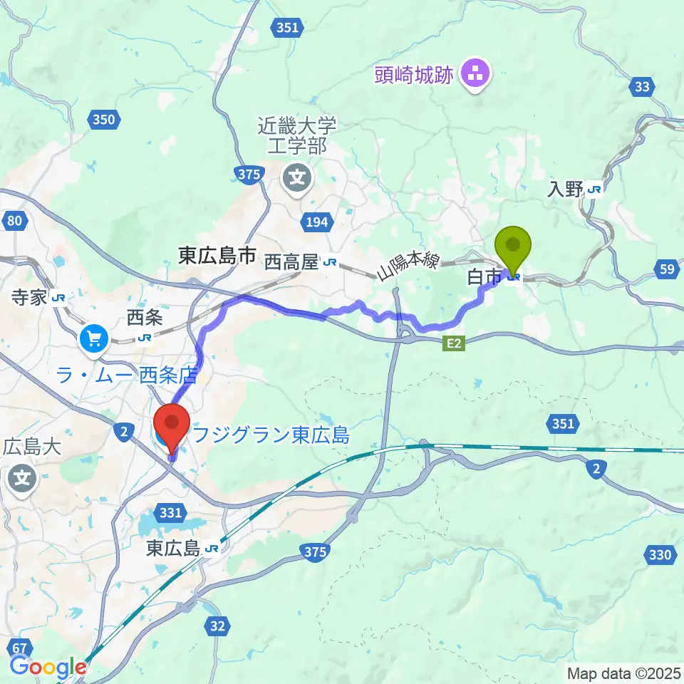 白市駅からT・ジョイ東広島へのルートマップ地図