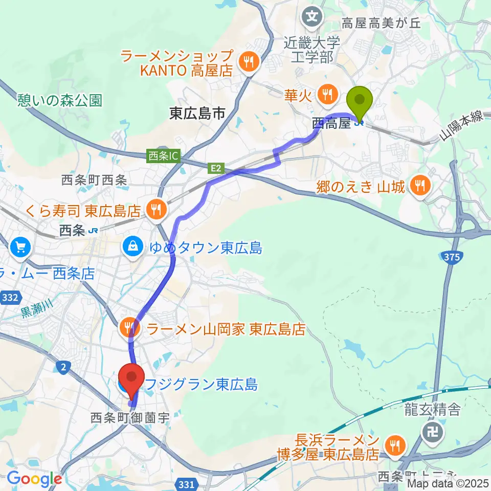 西高屋駅からT・ジョイ東広島へのルートマップ地図