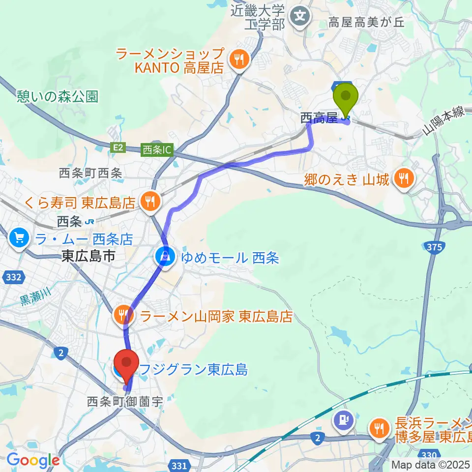 西高屋駅からT・ジョイ東広島へのルートマップ地図