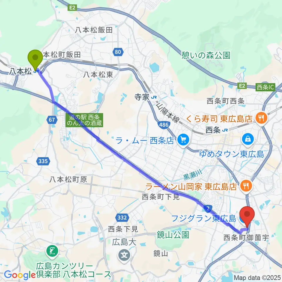 八本松駅からT・ジョイ東広島へのルートマップ地図
