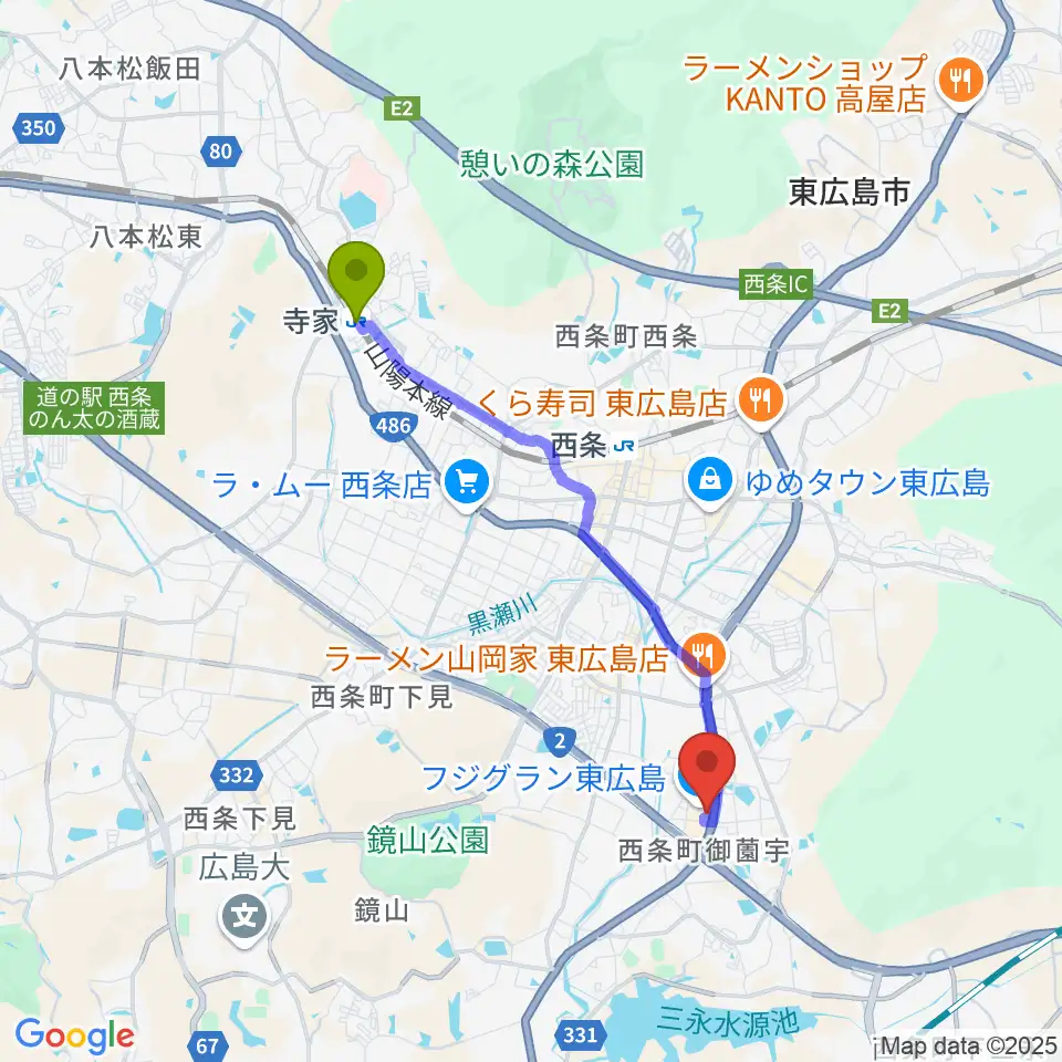 寺家駅からT・ジョイ東広島へのルートマップ地図