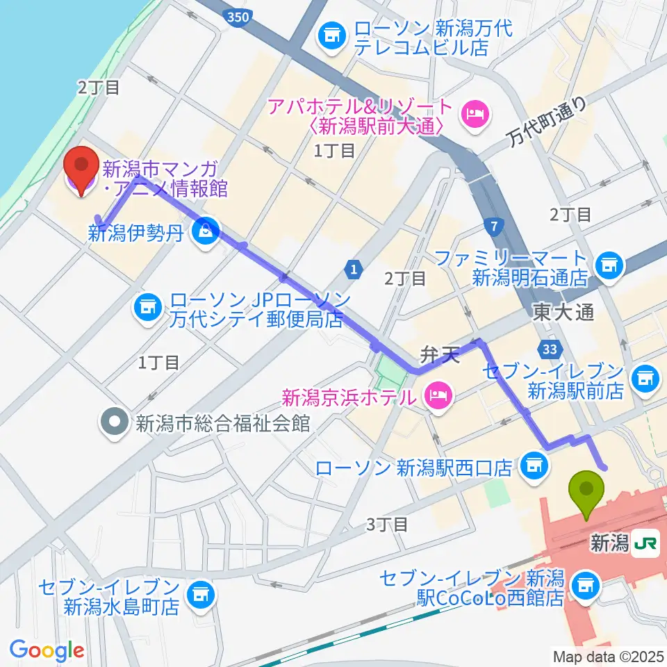 T・ジョイ新潟万代の最寄駅新潟駅からの徒歩ルート（約14分）地図