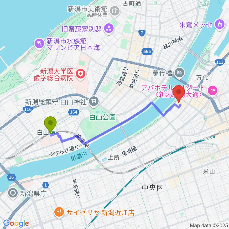 白山駅からT・ジョイ新潟万代へのルートマップ地図