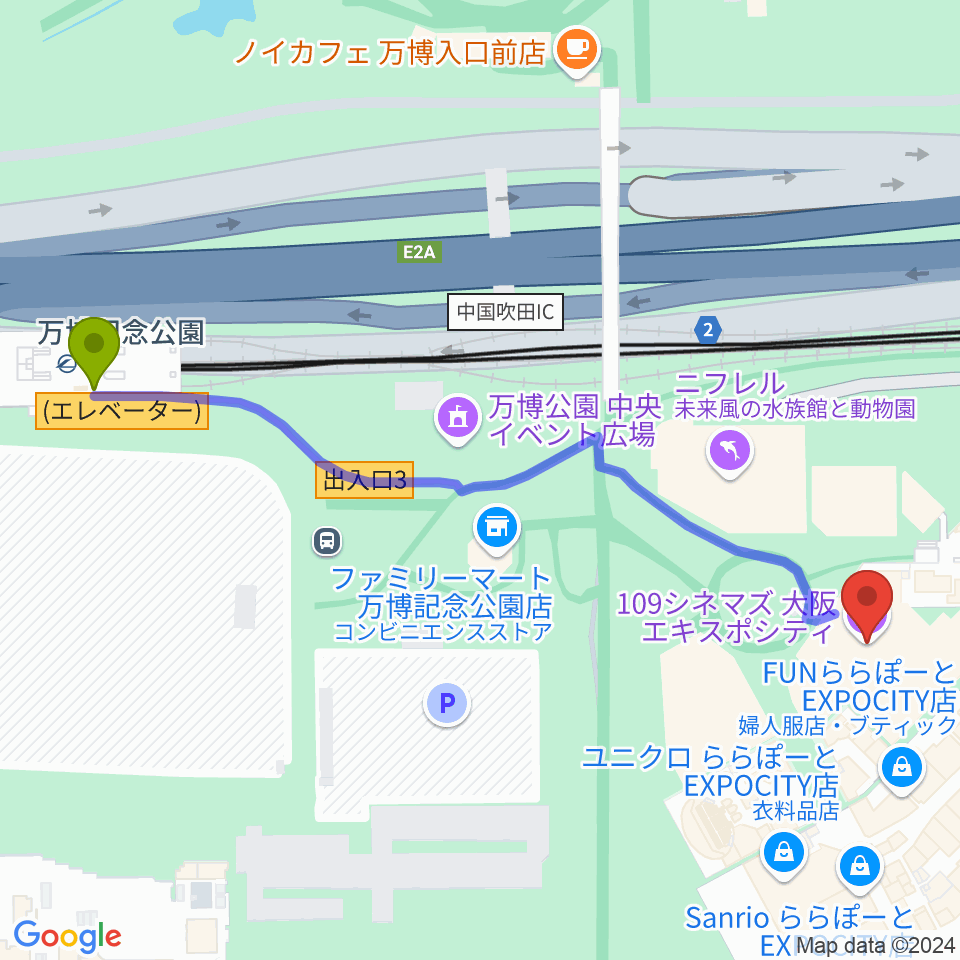 109シネマズ大阪エキスポシティの最寄駅万博記念公園駅からの徒歩ルート 約7分 Mdata