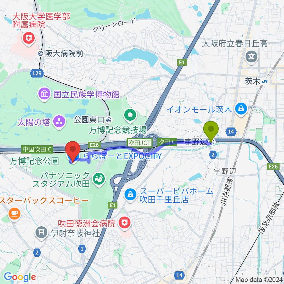 宇野辺駅から109シネマズ大阪エキスポシティへのルートマップ Mdata