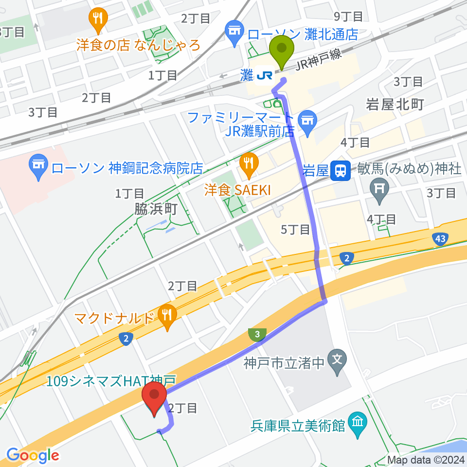 灘駅から109シネマズHAT神戸へのルートマップ地図