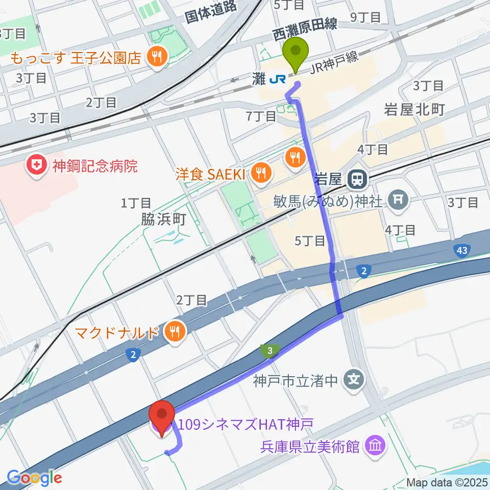 灘駅から109シネマズHAT神戸へのルートマップ地図
