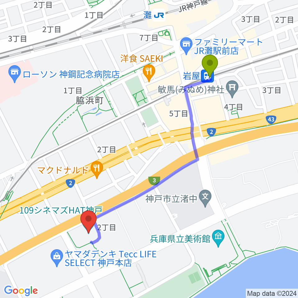 岩屋駅から109シネマズHAT神戸へのルートマップ地図