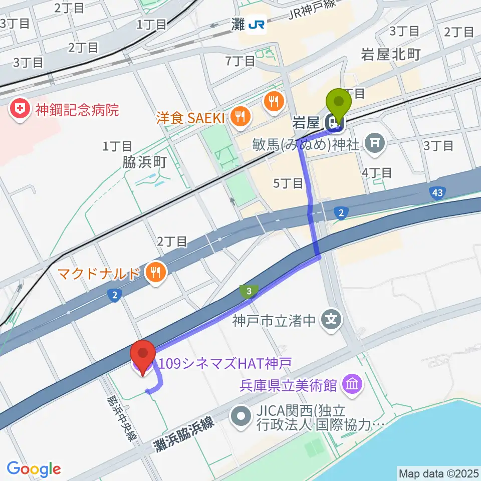 岩屋駅から109シネマズHAT神戸へのルートマップ地図