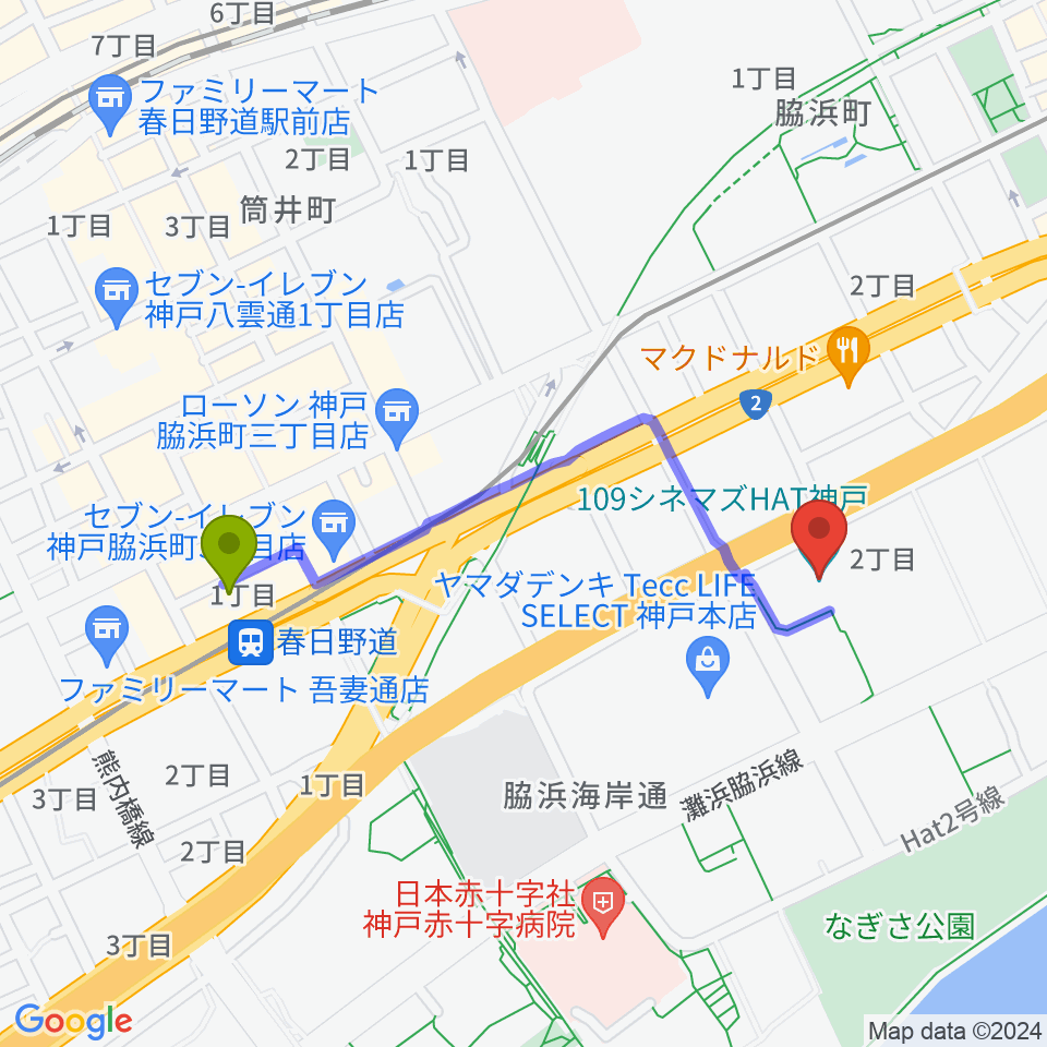 109シネマズHAT神戸の最寄駅春日野道駅からの徒歩ルート（約9分）地図