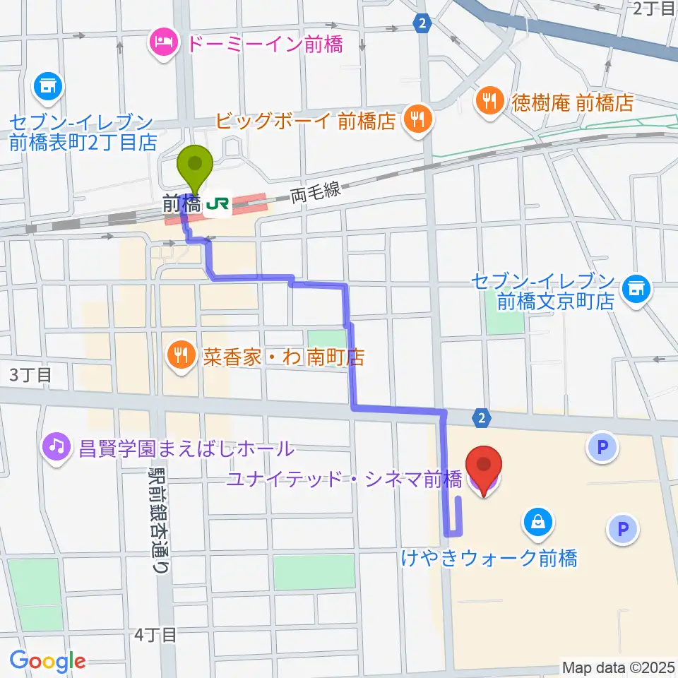 ユナイテッド・シネマ前橋の最寄駅前橋駅からの徒歩ルート（約9分）地図