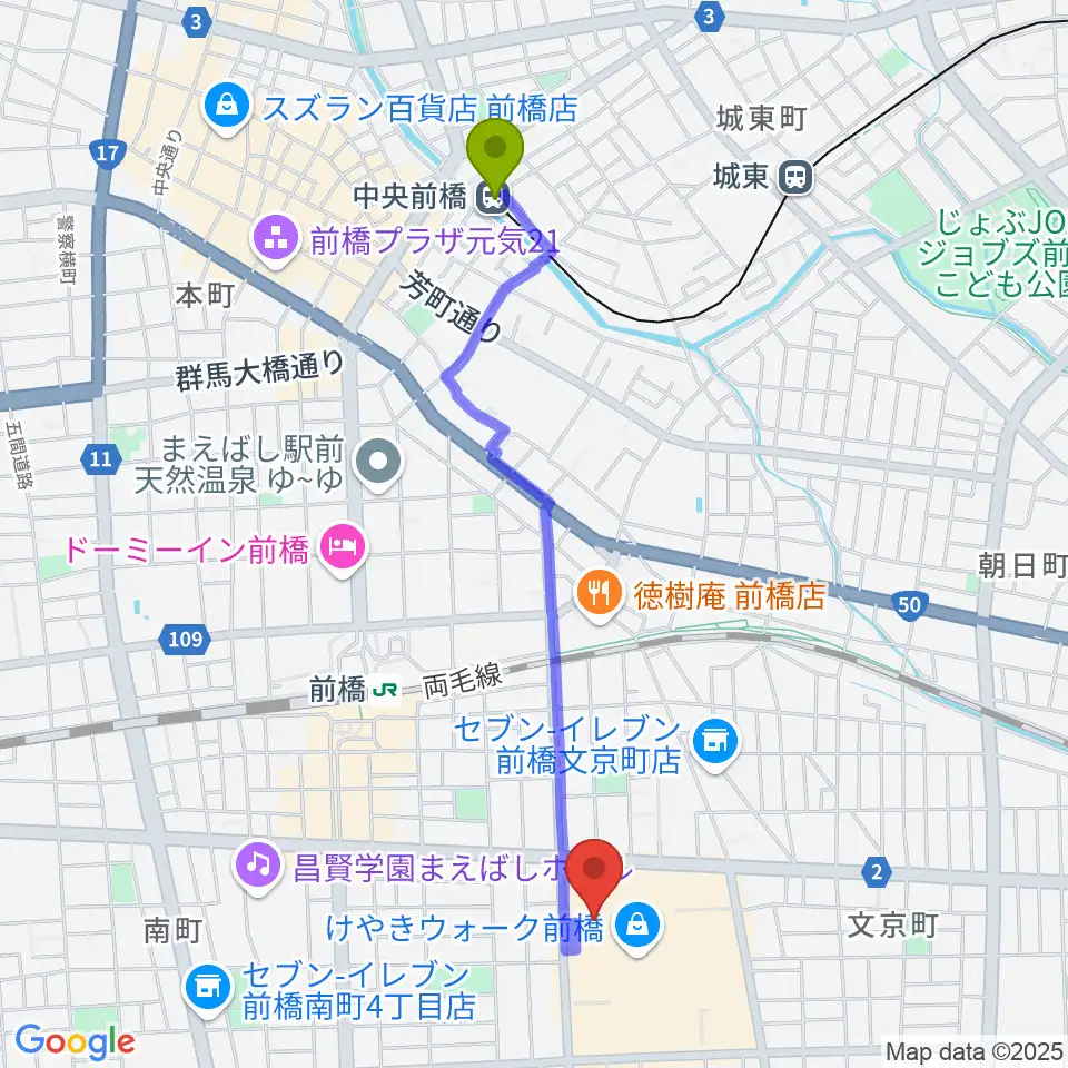 中央前橋駅からユナイテッド・シネマ前橋へのルートマップ地図