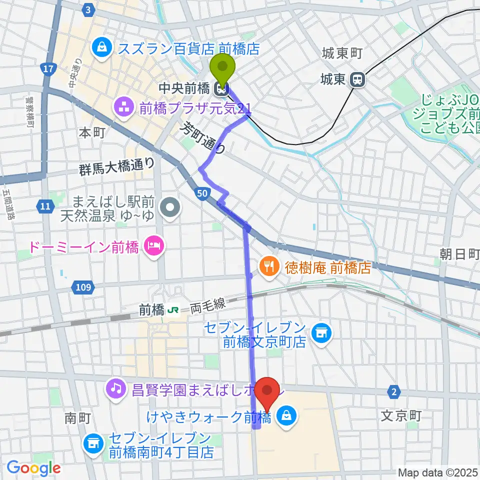中央前橋駅からローソン・ユナイテッドシネマ前橋へのルートマップ地図