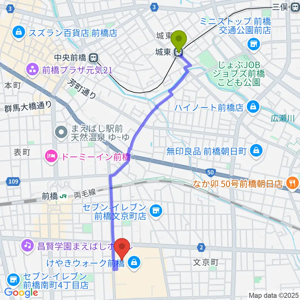 城東駅からユナイテッド・シネマ前橋へのルートマップ地図