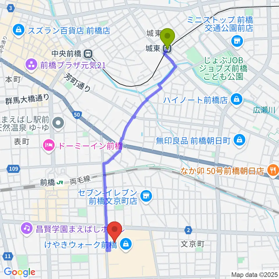 城東駅からローソン・ユナイテッドシネマ前橋へのルートマップ地図