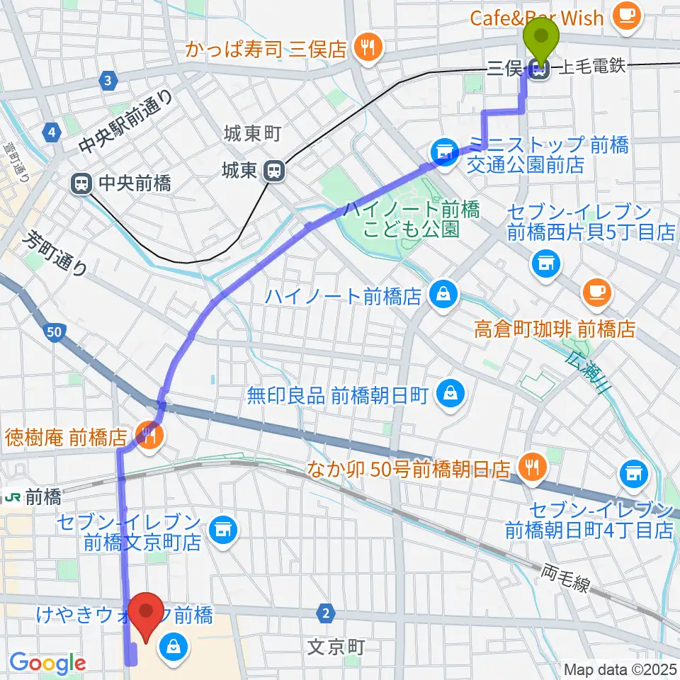 三俣駅からローソン・ユナイテッドシネマ前橋へのルートマップ地図