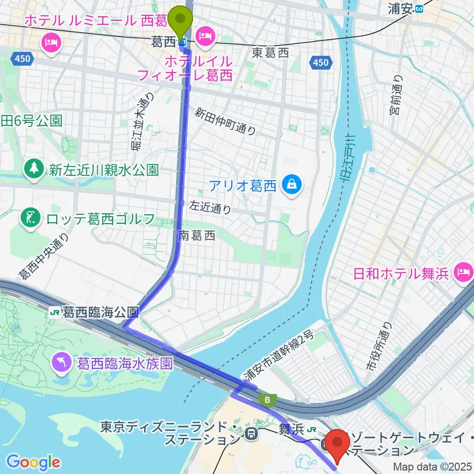 葛西駅からシネマイクスピアリへのルートマップ地図