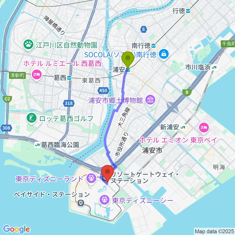 浦安駅からシネマイクスピアリへのルートマップ地図